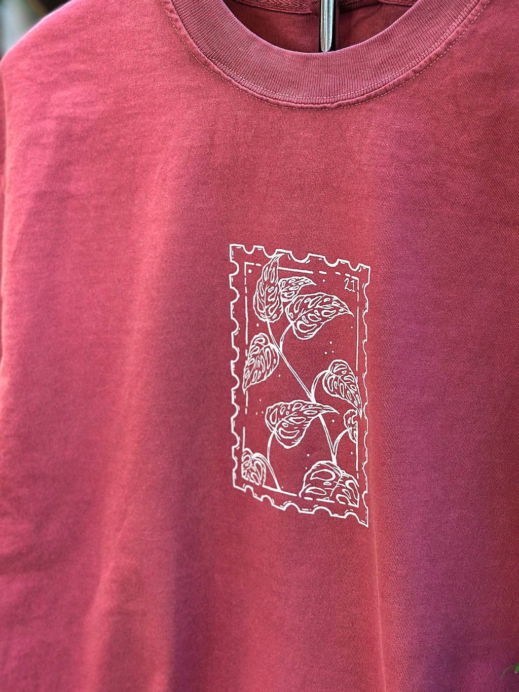 Monstera Plant Postage Stamp T-shirt Comfort - Washed Red