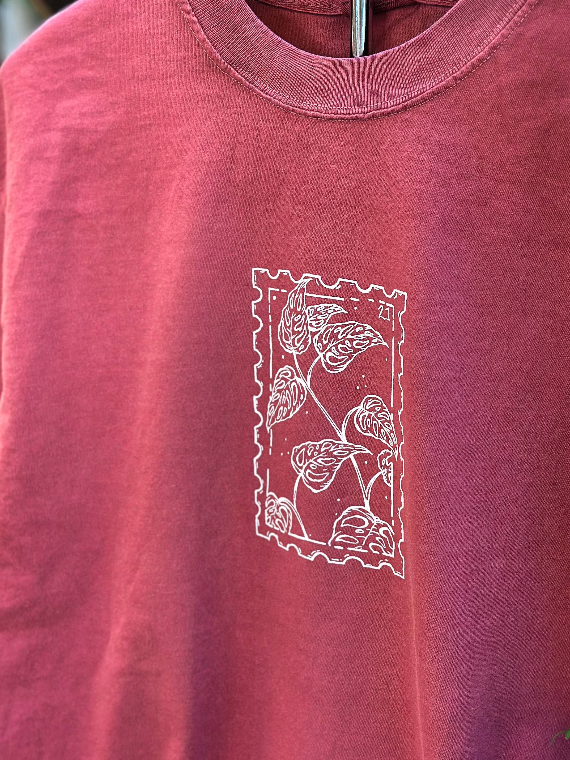 Monstera Plant Postage Stamp T-shirt Comfort - Washed Red