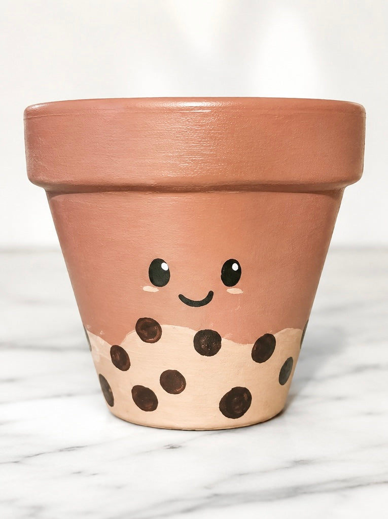 🧋 4” Hand-Painted Terracotta Pot – Boba Tea Buddy