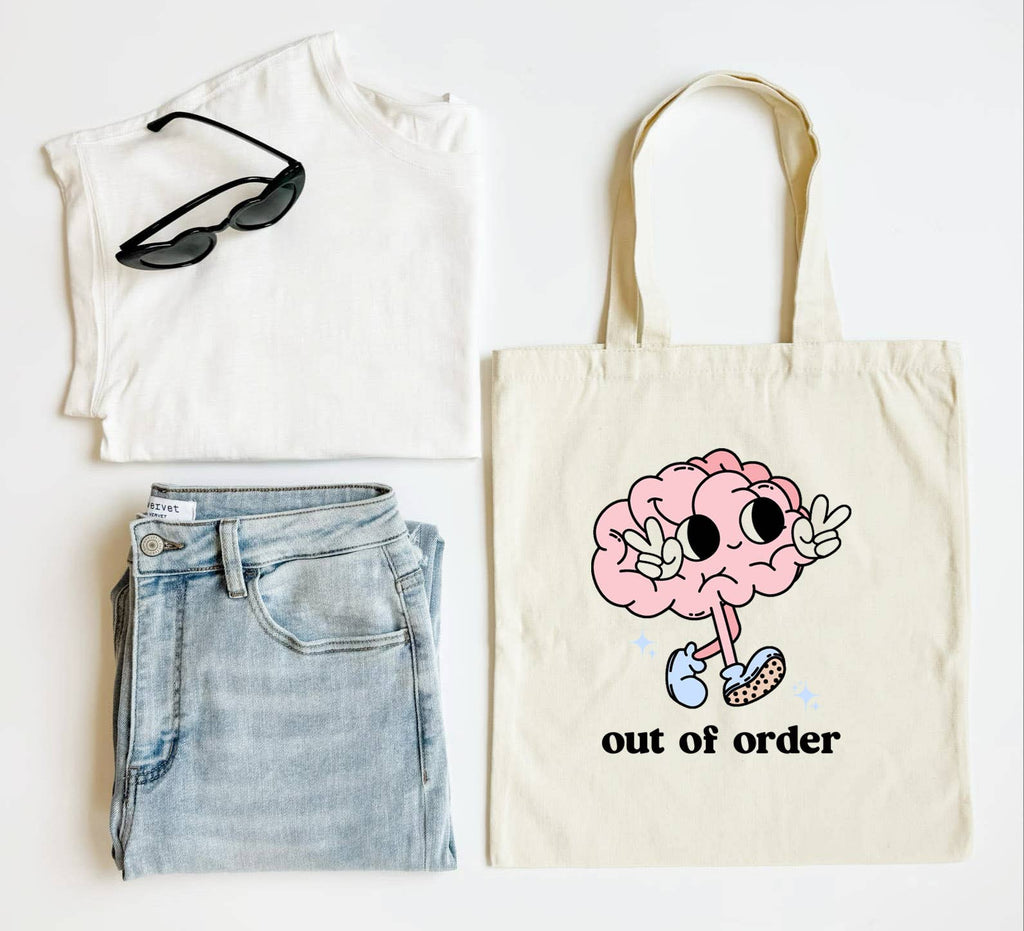 Out of Order Tote Bag Cute Brain Funny Mental Health Gift